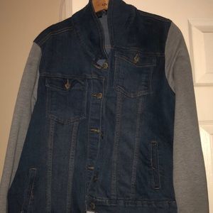 Jean and sweater jacket.